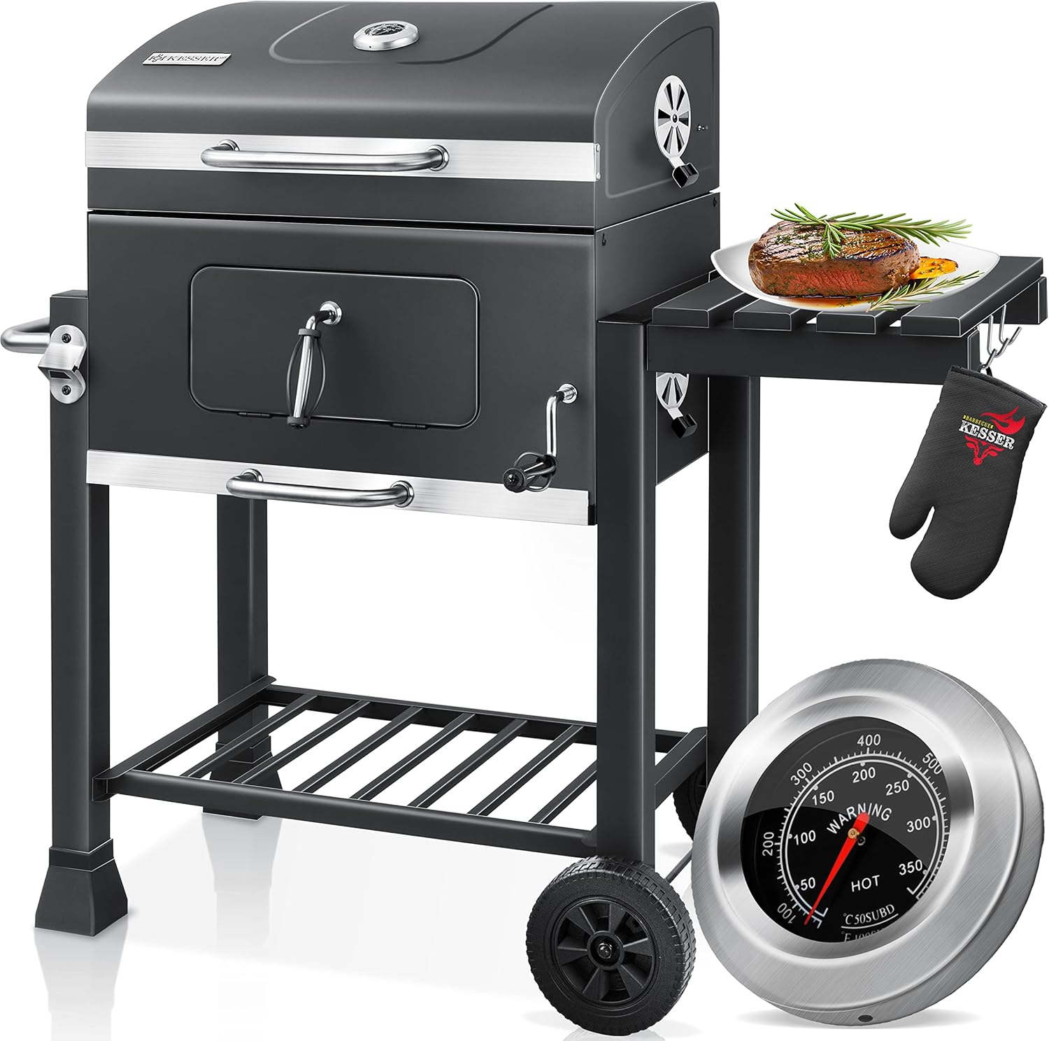 KESSER - Chariot Barbecue XL - grille, couvercle, thermomètre, inox, roues