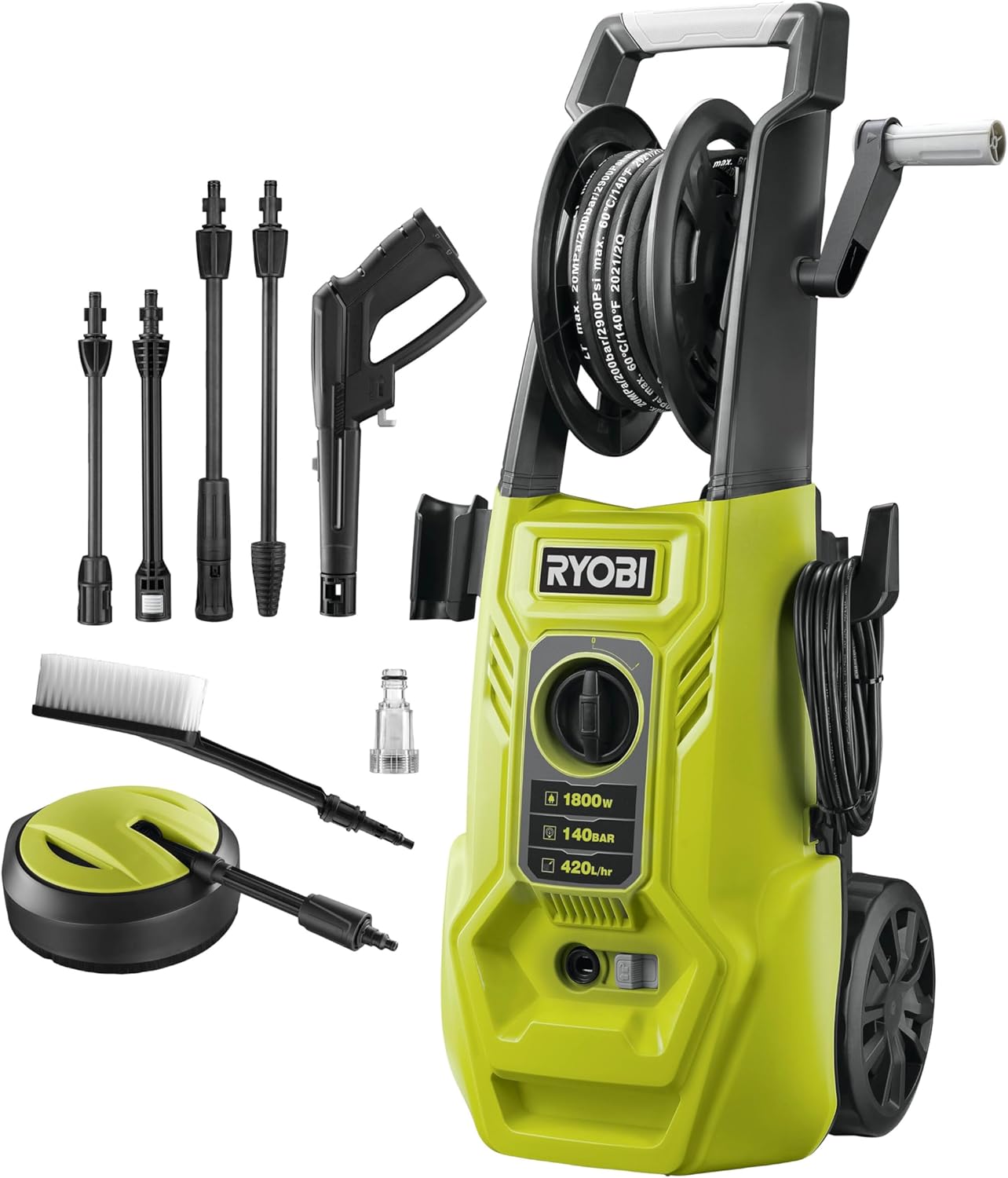 RYOBI RY140PWA-P Nettoyeur Haute Pression 1400 W – 110 Bar, 360 L/h, Lance + Buses + Détergent Inclus, Enrouleur de Tuyau, Pompe Aluminium – Nettoyage Terrasse, Vélo, Mobilier de Jardin