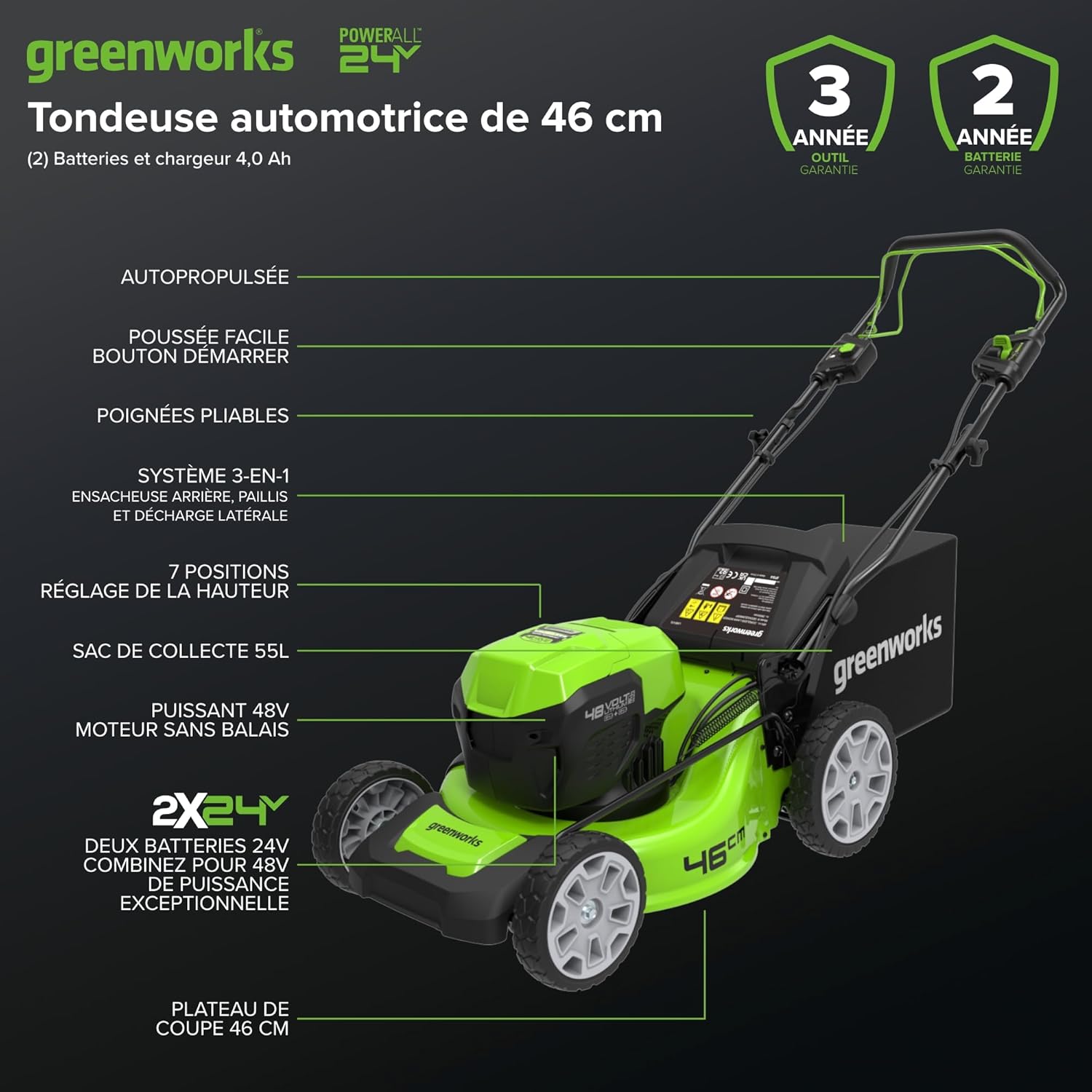 Greenworks 48V (24V x 2) Tondeuse à Gazon Sans Fil Autopropulsée Pelouses Jusqu'à 480m², Largeur de Coupe 46cm, Sac 55L, INCLUS 2 X 24V 4Ah et Chargeur Double, Garantie 3 Ans , GD24X2LM46SPK4X