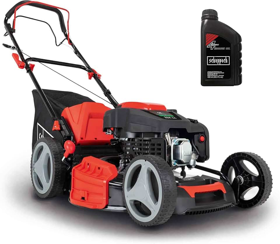 Scheppach Tondeuse à Gazon à Essence MS230-53 – Moteur 4 Temps 6 CV 4400 W – Largeur de Coupe 53 cm – Jardins de 1800 m² – Hauteur de Coupe réglable – Bac de 65 l – Fonction Mulching – Huile Incluse