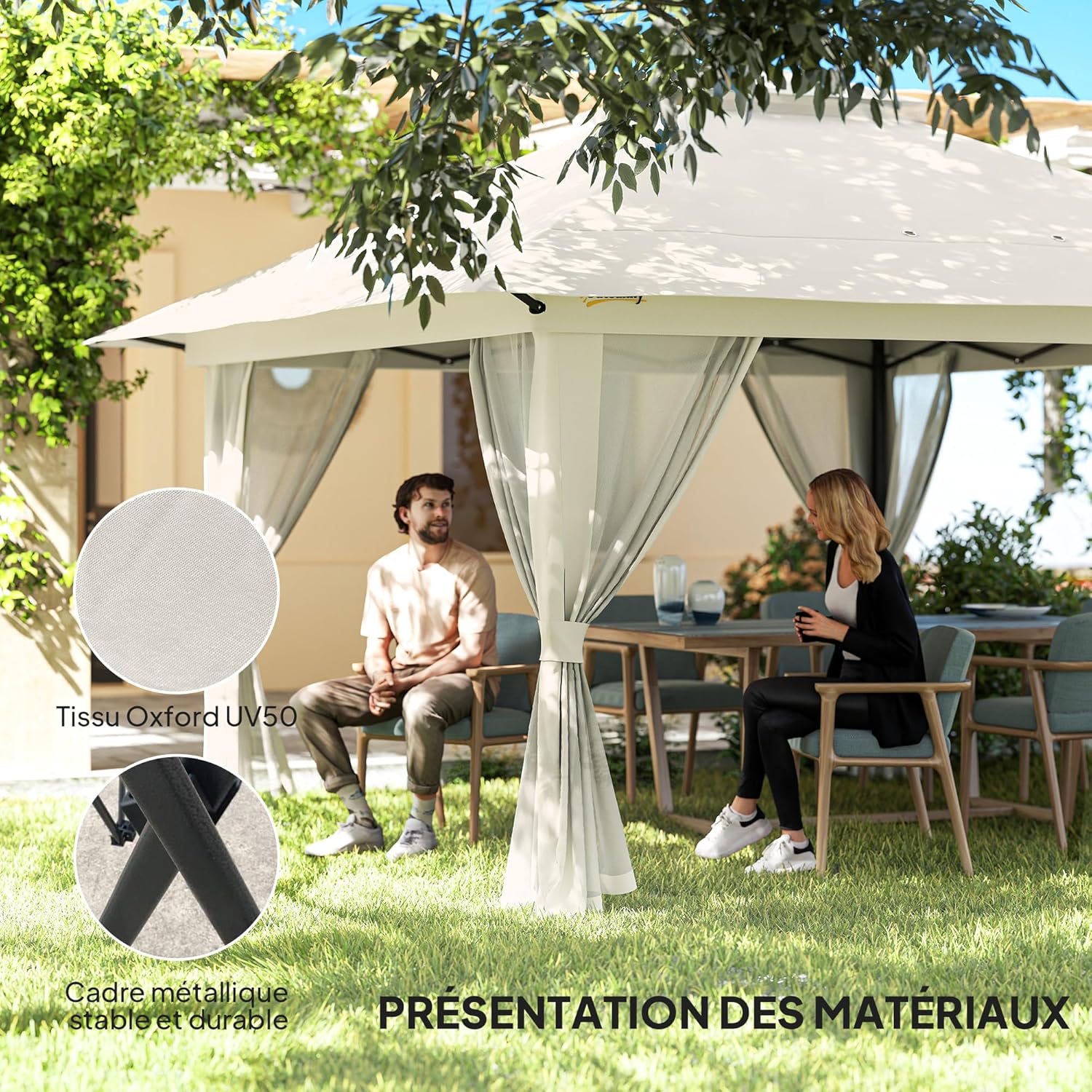 Outsunny - Tonnelle de Jardin Pop-up – 4x4m, UV 50+, double toit, moustiquaires, sac de sable, transport - BARNUM-4x4-UV