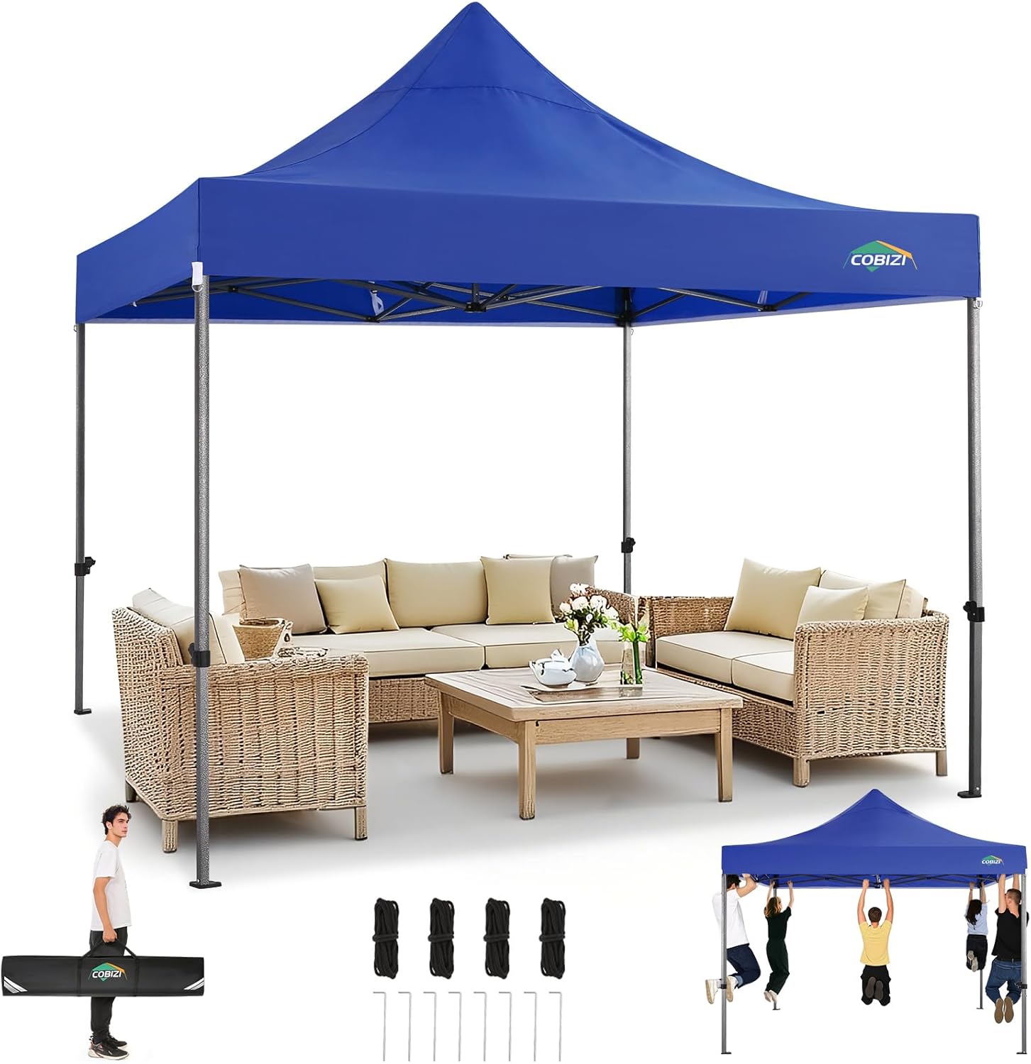 COBIZI - tente pliante série réception - 3x3m - 3 hauteurs réglables, bleu