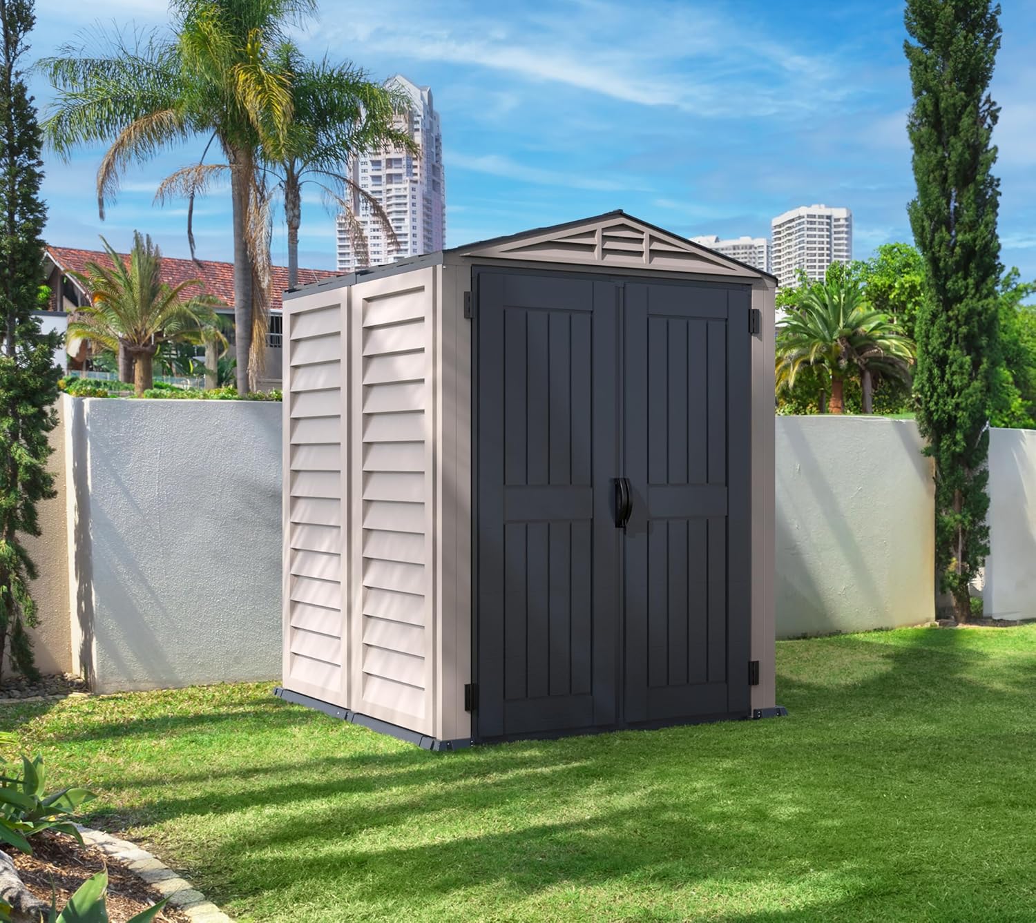Duramax - YardMate PLUS - 5x5 ft - abri jardin plastique, plancher robuste, toit métal, ignifuge, sans entretien