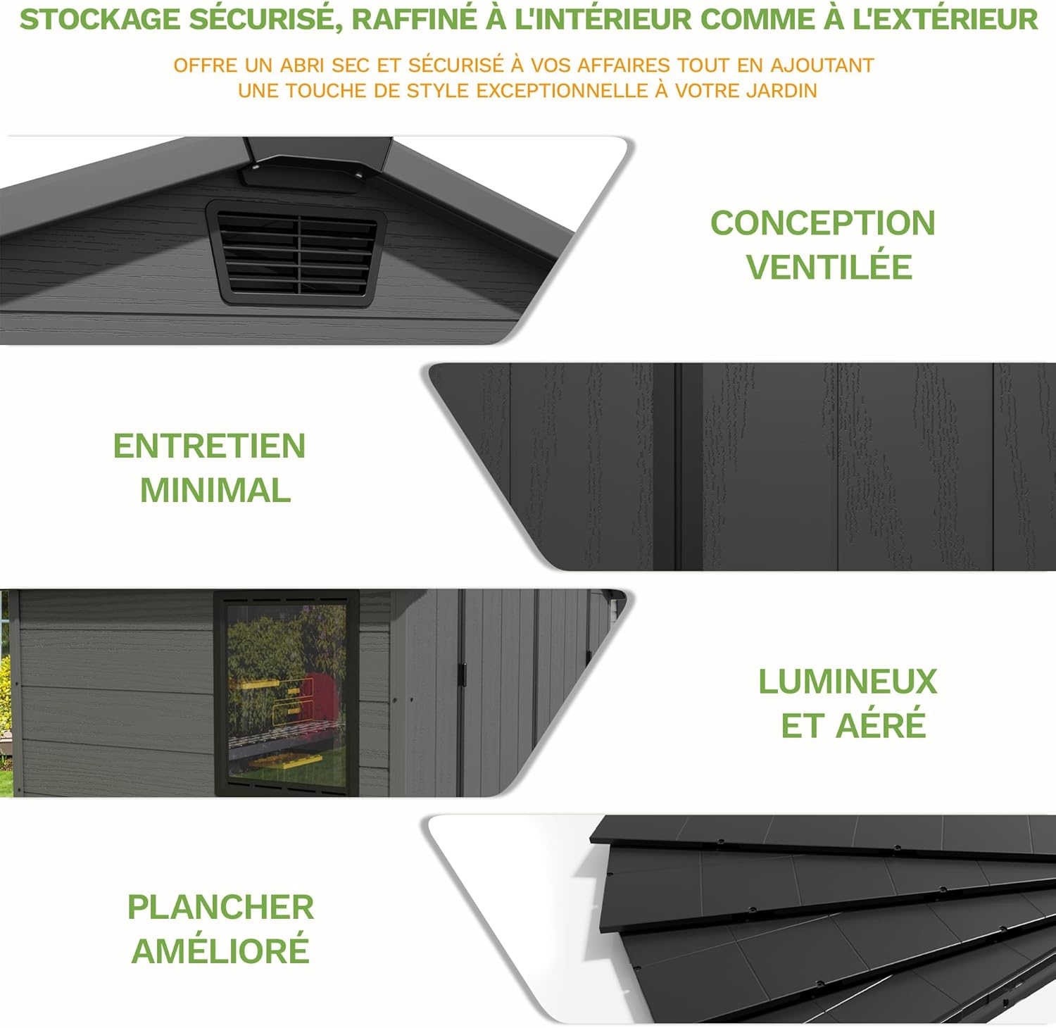 Devoko Abri de jardin extérieur en plastique avec double portes verrouillables et toit en apex – Abri de jardin pour outils de terrasse, abri pour vélo, poubelle – Résistant aux intempéries et à la