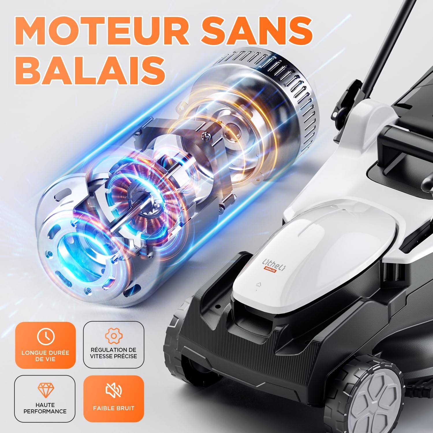 Litheli - Tondeuse Brushless 43cm, 2x20V/4.0Ah, réglable, bac 40L, jusqu'à 500m²