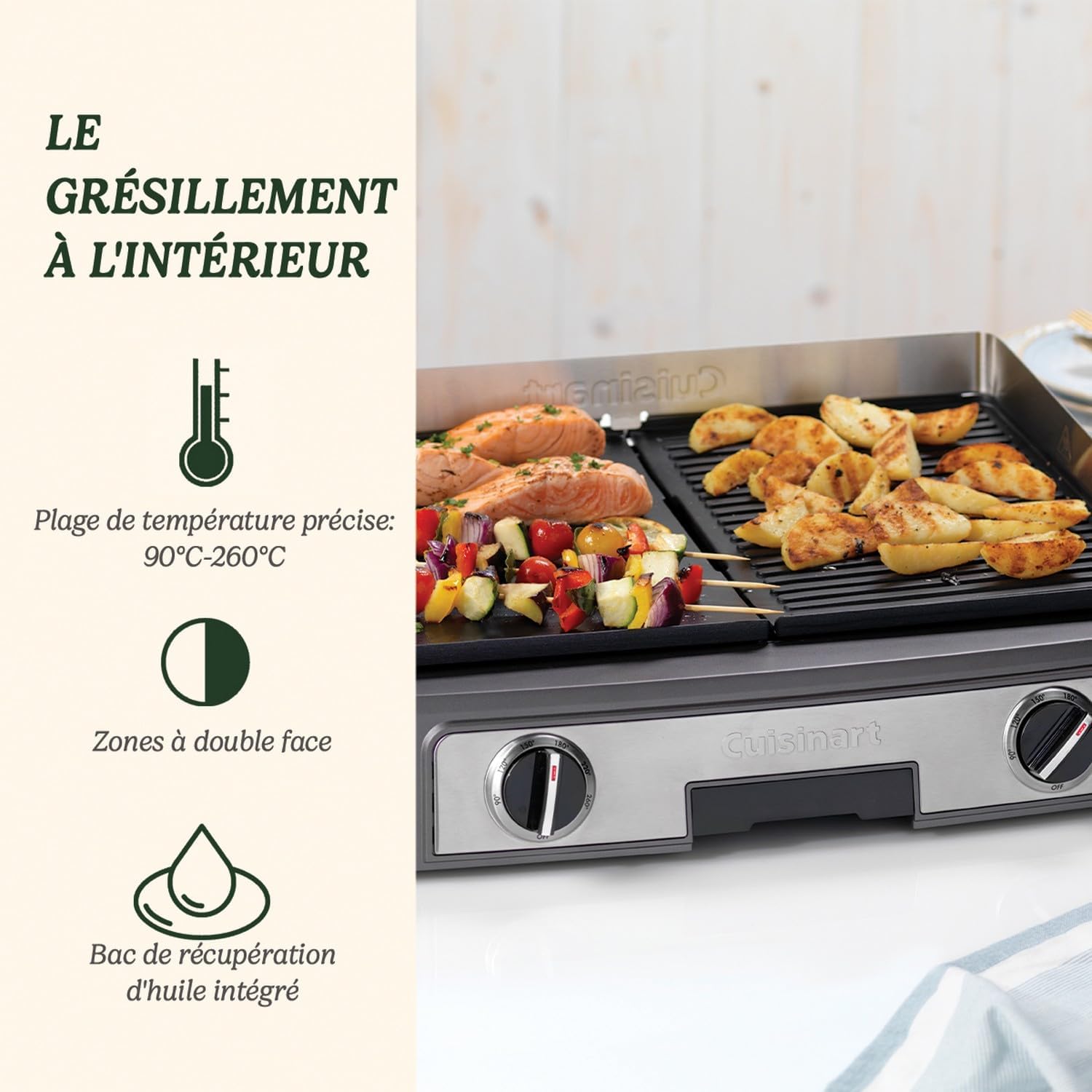 Cuisinart - Plancha double face - grande taille - 2 zones, 260°C, plaque amovible