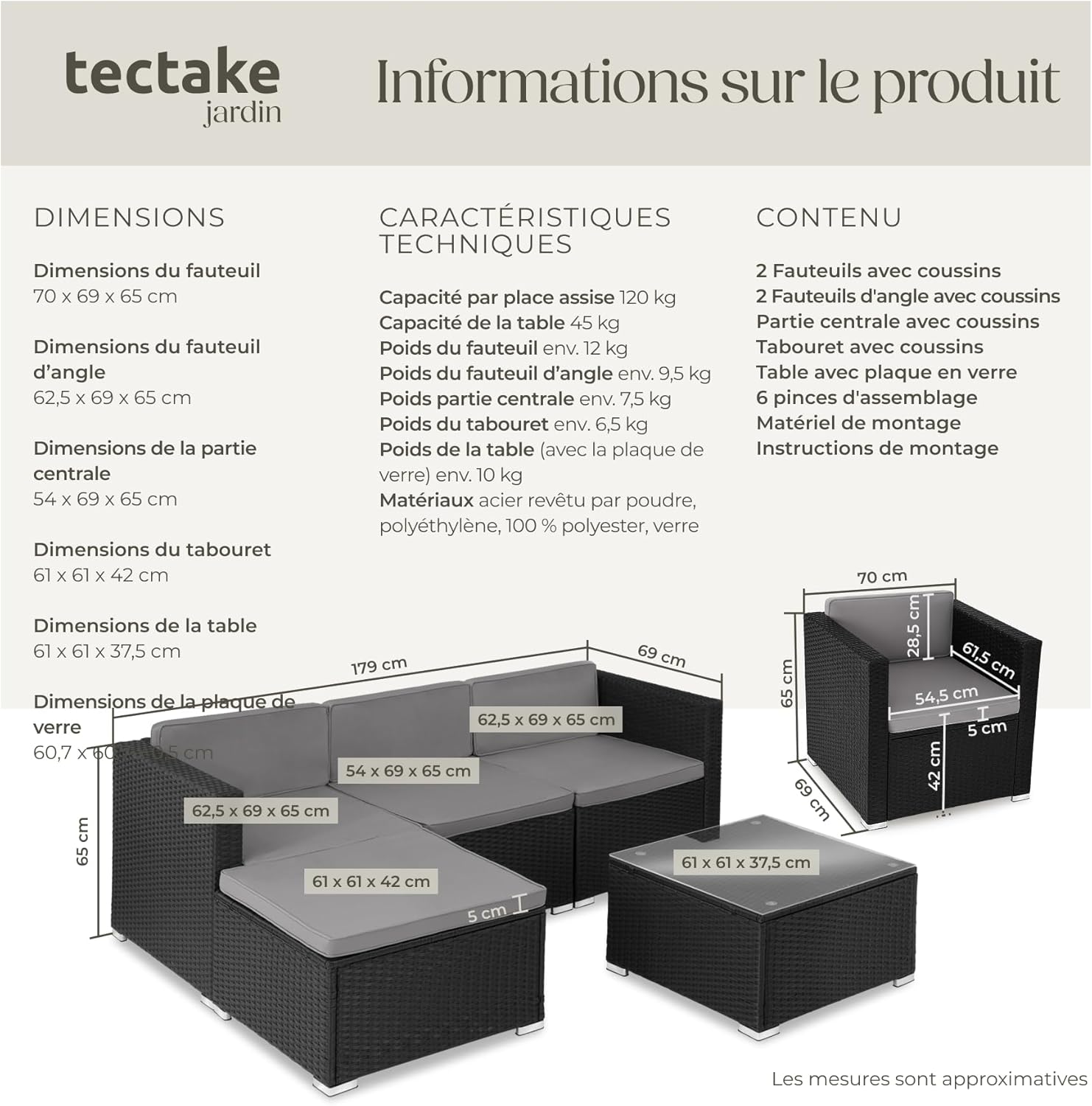 tectake - salon jardin poly rotin modulable 7 places, coussins inclus, ensemble fauteuils et table