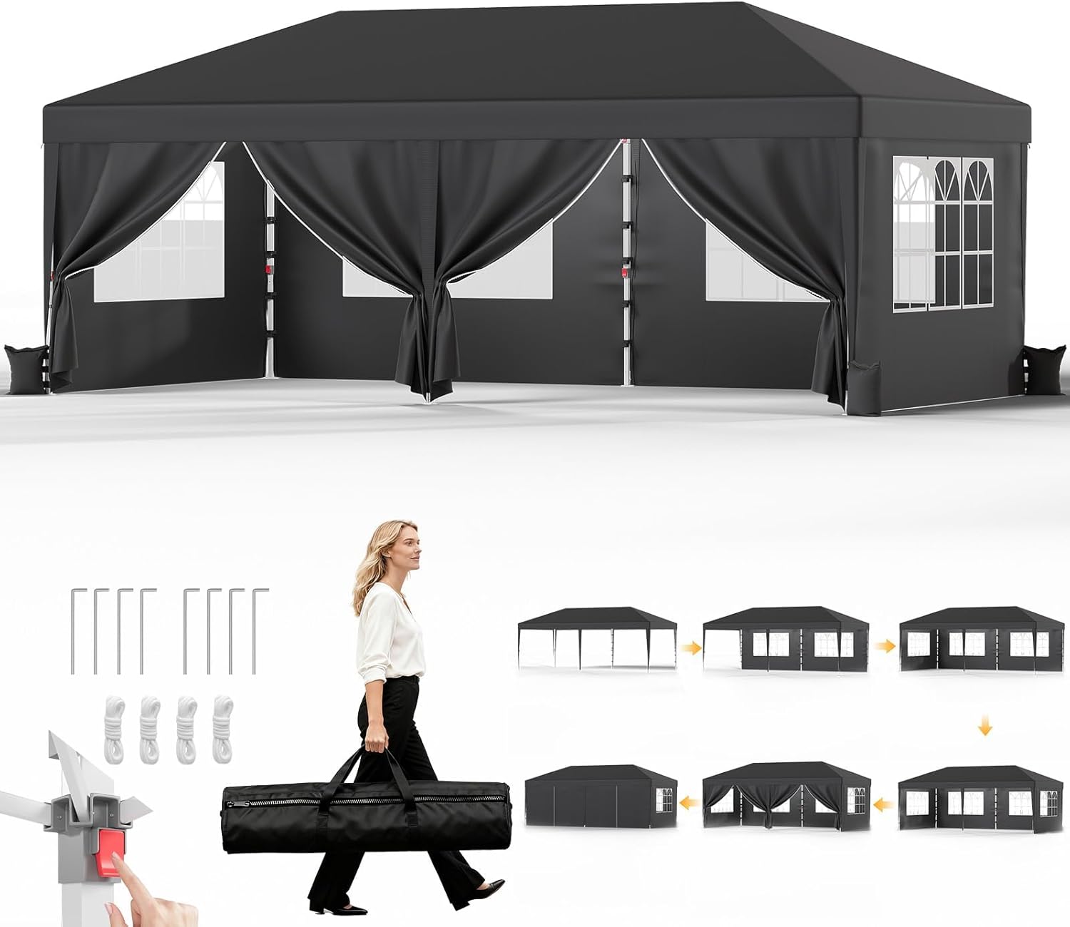 JUMMICO - tonnelle pliante 3x6m - imperméable, hauteur réglable, toile épaisse, structure robuste