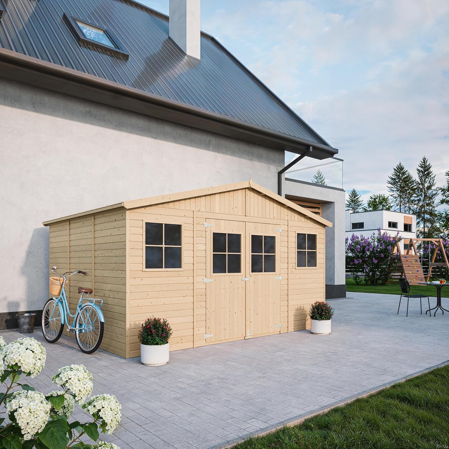 Abri de Jardin en Bois Exterieur avec Plancher IMPRÉGNÉ- Chalet en Pin/épicéa-H246x418x320 cm/12 m²- Construction de Panneaux - Rangement pour vélos, Remise à Outils- Timbela M331+M331G