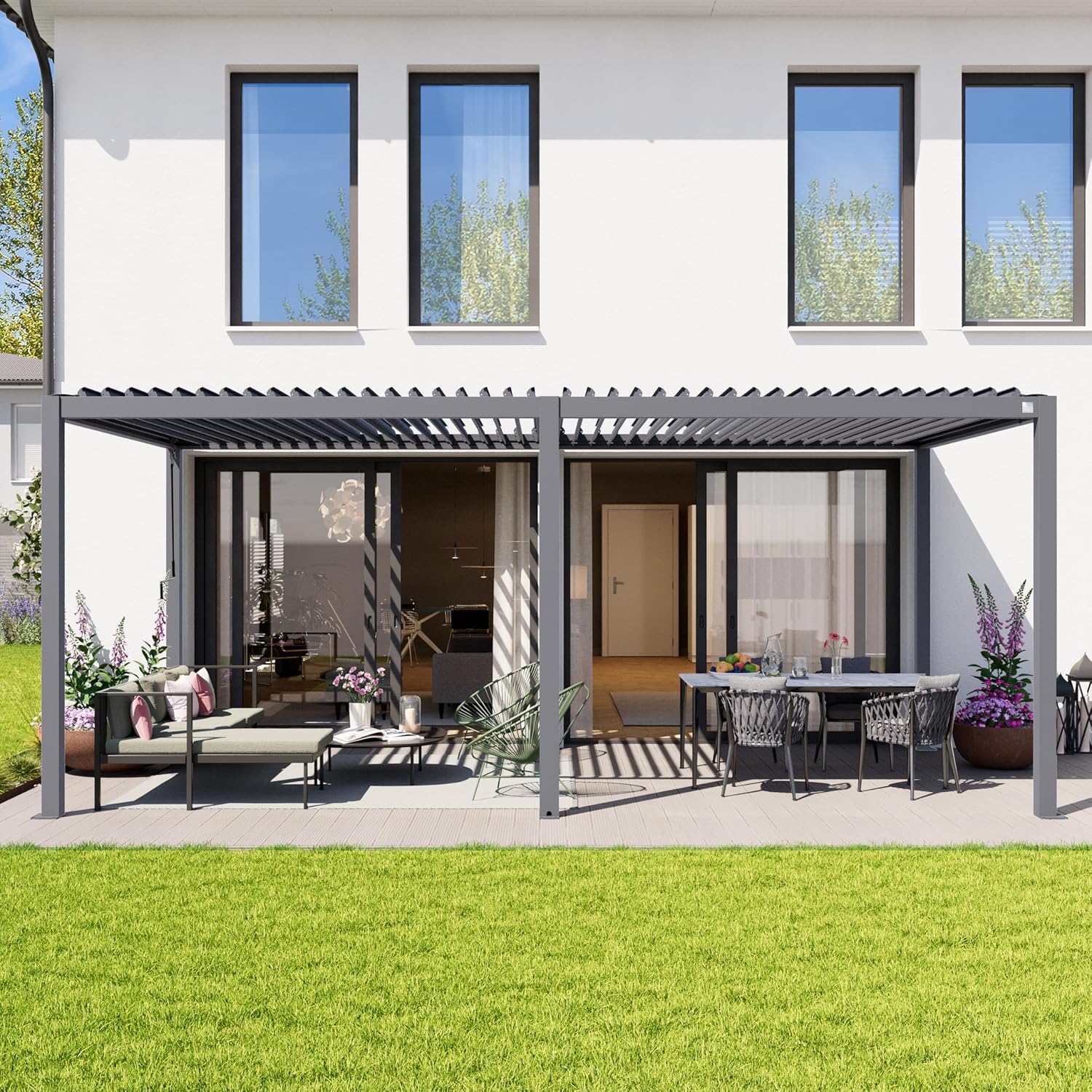 Primeyard - Pergola série Acier - 3x6 m - alu, lames orientables, gris