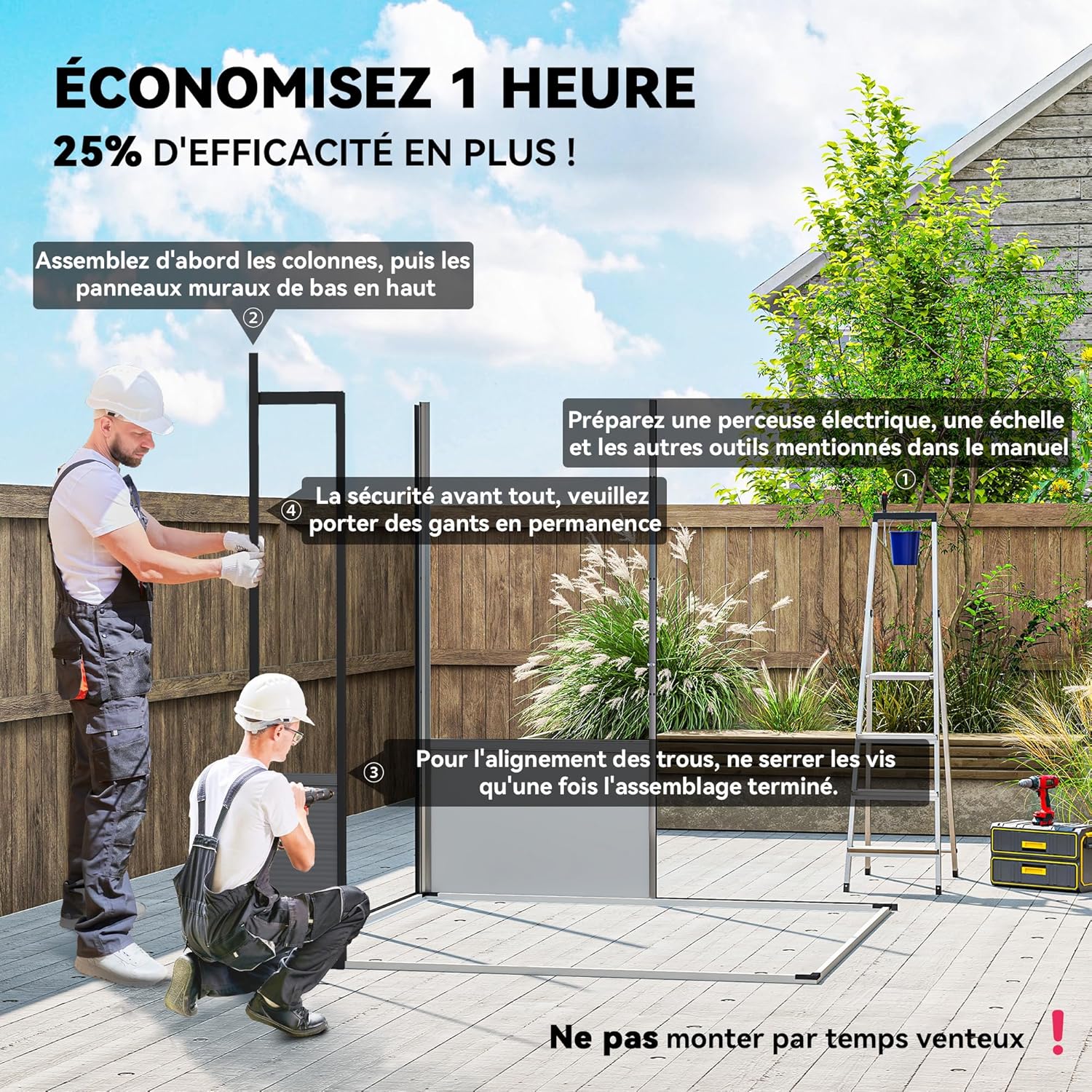Outsunny - Abri de jardin polypropylène - 190x191x215 cm - double porte fenêtre aérez, gris clair