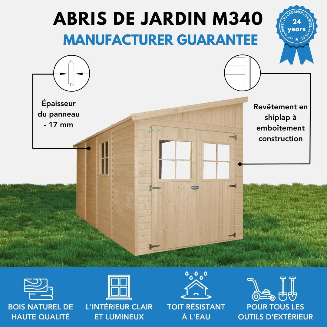 TIMBELA M340+M340G Abri de Jardin en Bois Naturel (sans paroi latérale) Plus Les PLANCHERS IMPRÉGNÉ- Stockage extérieur avec fenêtres- H243x216x416 cm/8 m2 - Atelier Rangement Outils et vélos