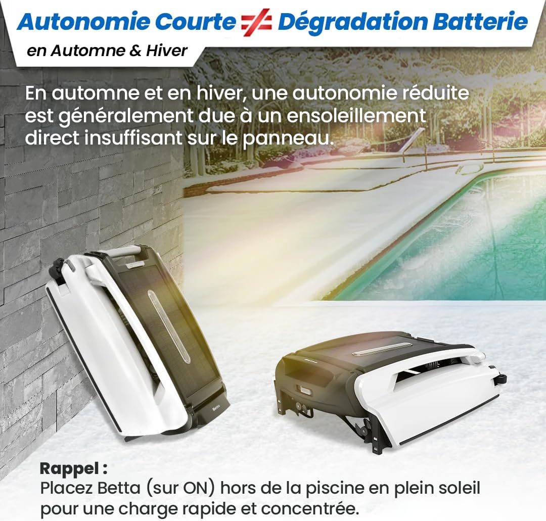 Betta - SE - robot skimmer solaire piscine, 30h autonomie, moteurs sel/chlore, nettoyage 24/7