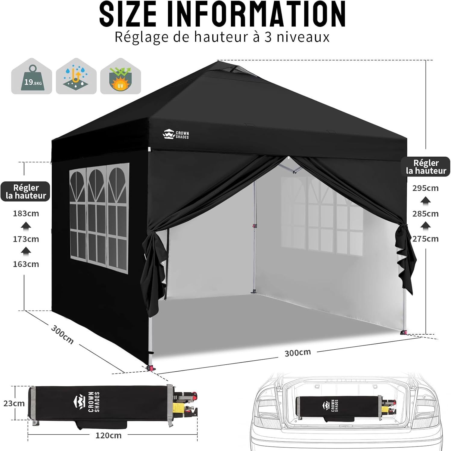 Crown Shades - Tonnelle pliante 3x3m imperméable, P/Pop-Up, 4 parois amovibles, Sac, UPF 50+ - CN0032