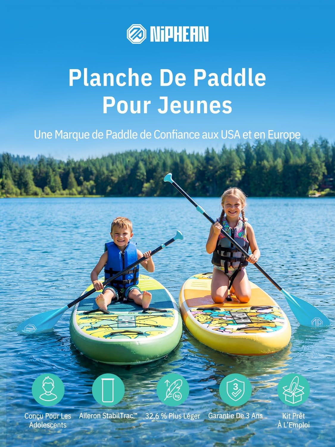 Niphean Extra Large Paddle Gonflable, Sup à 2+1 Personnes/Famille, Planches de Stand Up Paddle Gonflables avec (Idéal Débutant) Aileron Équilibré, Housse Étanche, Paddle Gonflable Adulte, Cadeaux
