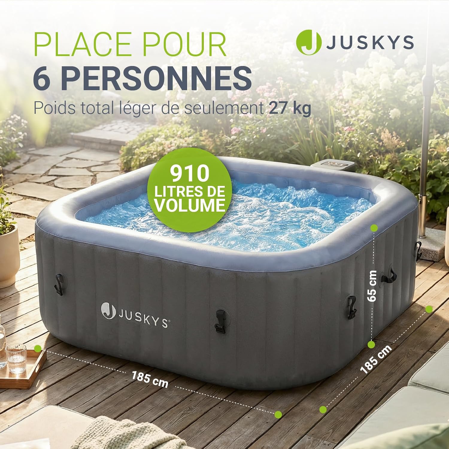 JUSKYS® Bain à remous SpaLuxe – Structure extérieure, 130 Buses, Puissance Totale 3000 W, modèle Gris/Bleu
