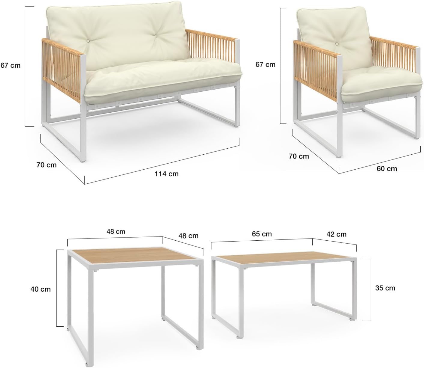 IDMarket - Rio série - 6 places - métal blanc, corde rotin, coussins beige