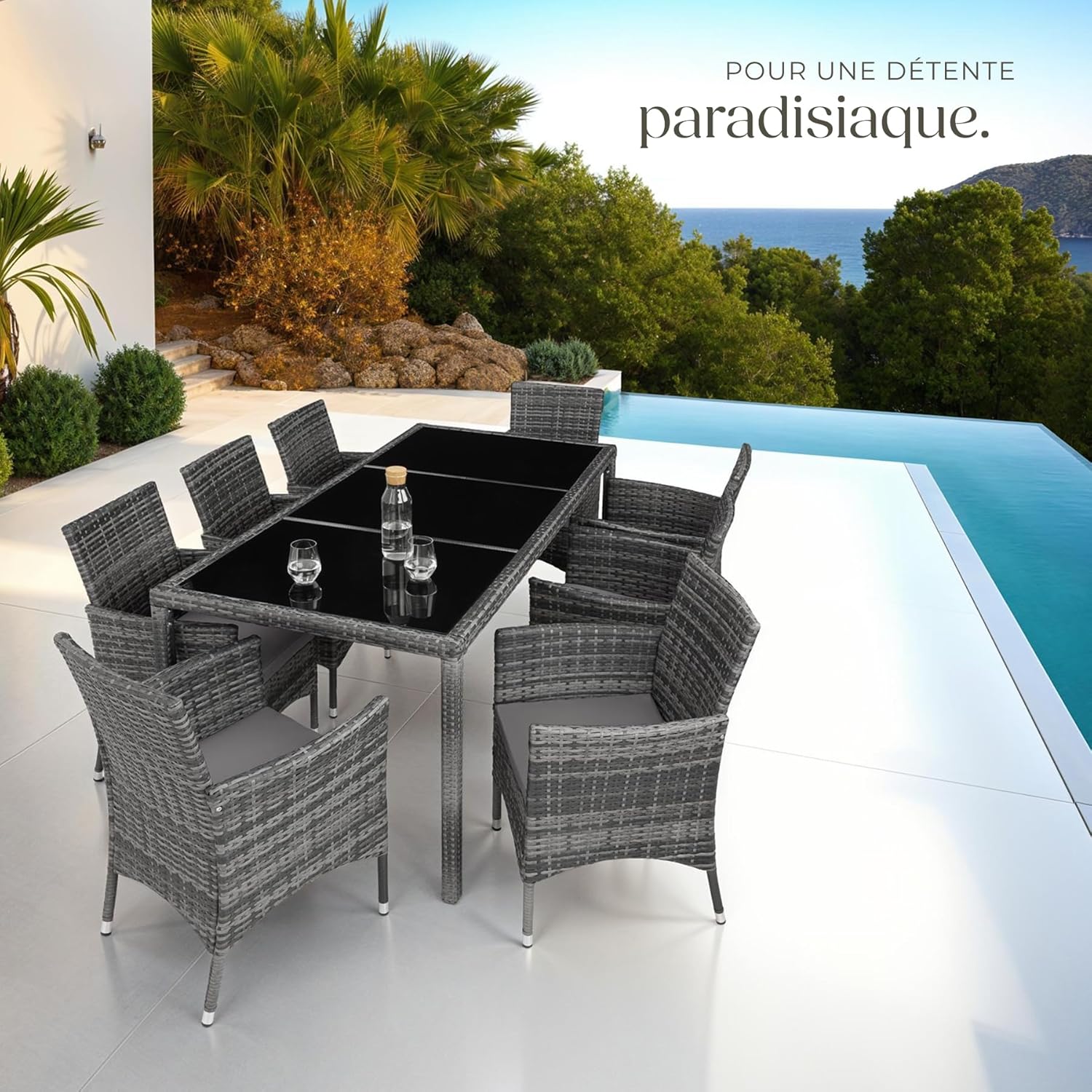 tectake - Salon de Jardin Poly Rotin 8 fauteuils, housse protection, dimensions généreuses, gris tacheté -