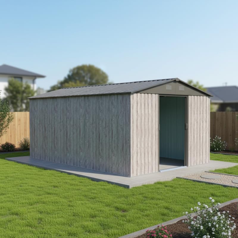 Abri de jardin métal WoodTouch 11m², double porte, acier beige, 301x367cm