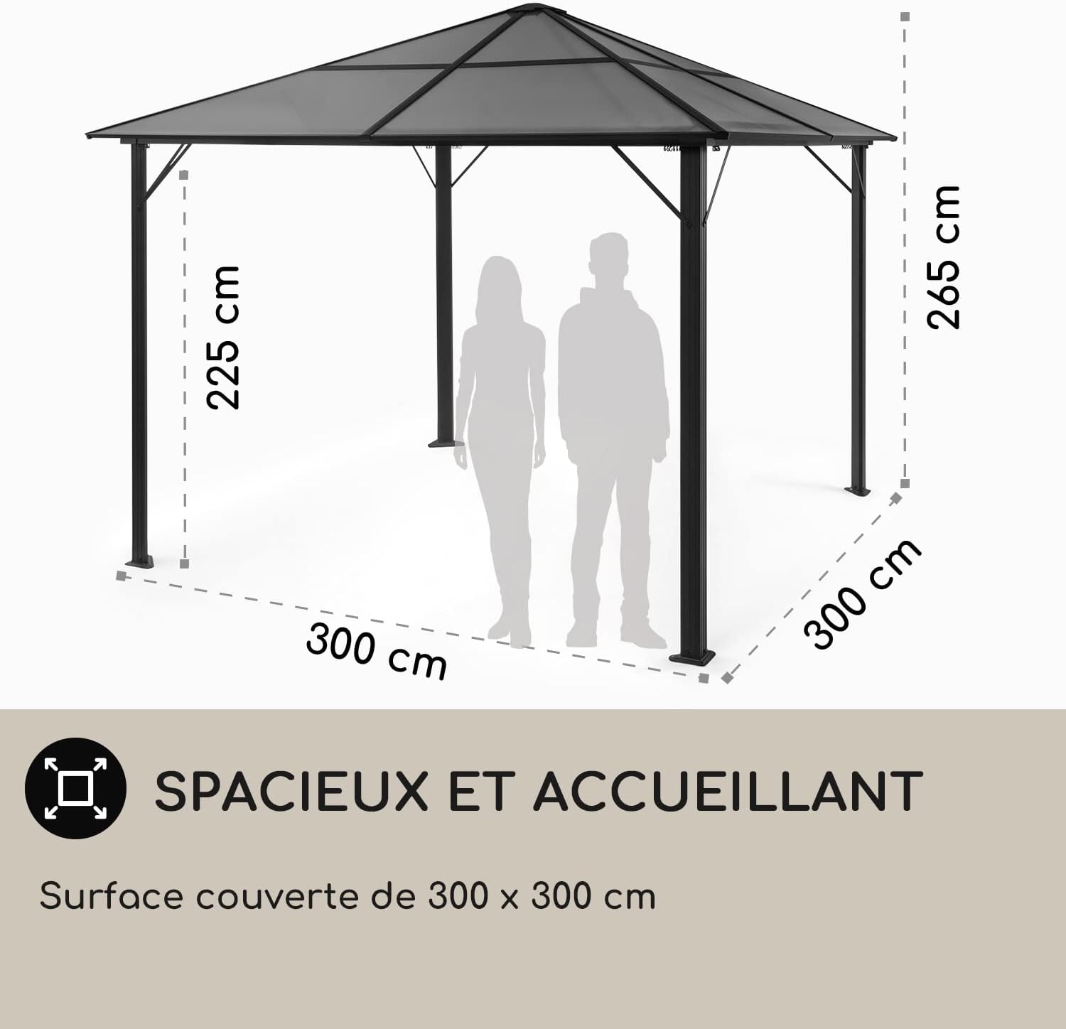 Blumfeldt - Pergola aluminium 3x3m - toit rigide LED & polycarbonate
