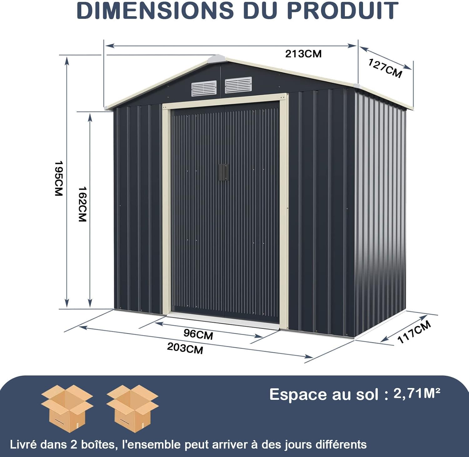 GOPLUS 2,37㎡ Abri de Jardin Métal Galvanisé, Cabine de Jardin Extérieur Portes Coulissantes, Résistant aux Intempérie, 4,63m³, Cabane de Rangement à Outils, 213 x 127 x 195 cm, Gris