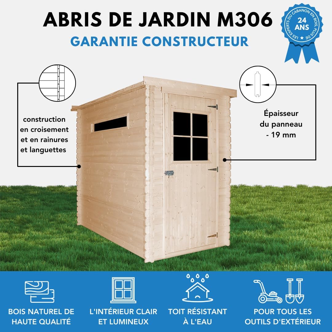 Timbela - Abri de jardin bois avec sol, 239x144x198 cm, toit étanche, fenêtres, M306+M306G