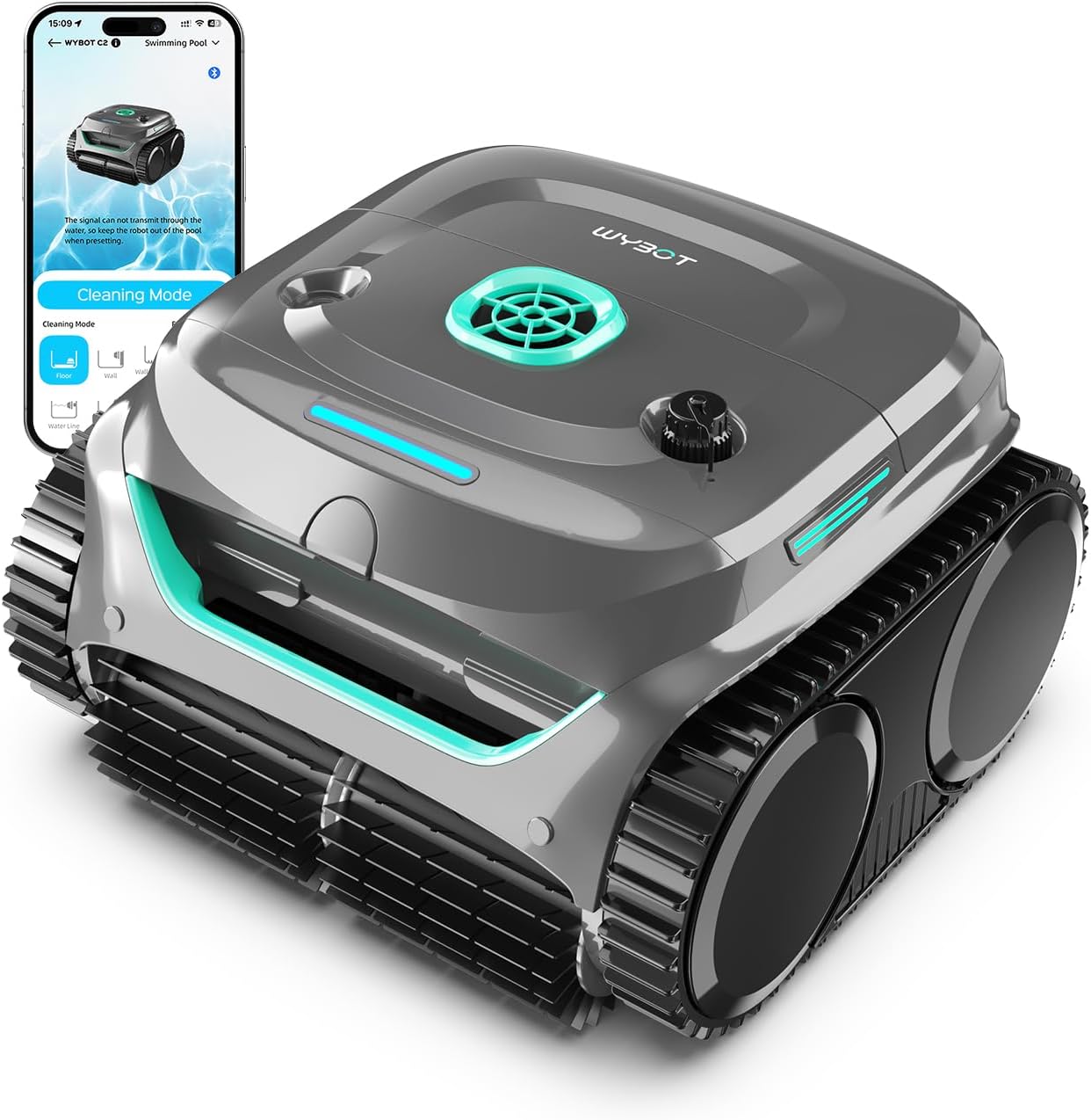 WYBOT C2 Robot Piscine sans Fil, Double Filtration, 3 Moteurs, Aspiration Puissante, Nettoyage Fond et Parois & Ligne d'eau, 180 Min, pour Piscines Enterrées 150㎡, App(Vert Gris foncé-Vert)