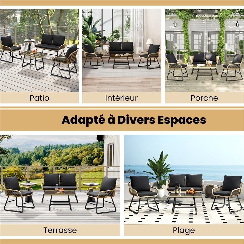 Yaheetech - salon de jardin 4 pièces - canapé, fauteuils et table - tressé, verre trempé