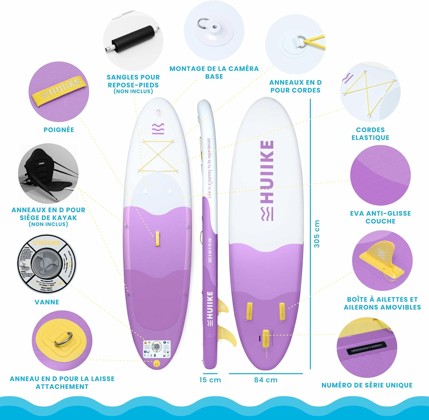 HUIIKE Paddle Gonflable Adulte avec Accessoires Inclus, Pagaie, Ailerons, Pompe. Planche de Stand Up Paddle Grande Stabilité et Résistance. 305 x 84 x 15 cm, Jusqu'à 130 kg