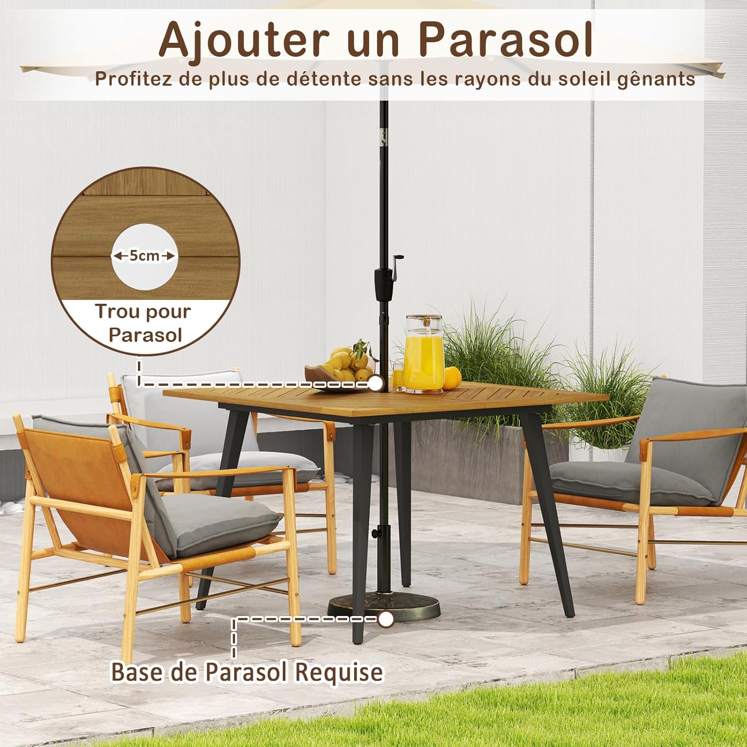 GOPLUS - table de jardin 107x75cm - bois d'acacia, métal, 75kg, trou parasol
