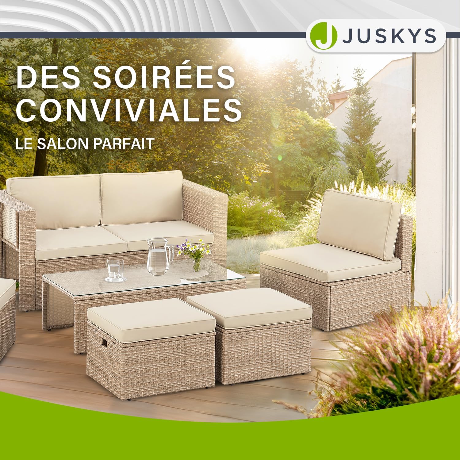 Juskys - Salon de Jardin Salou - 6 places - polyrotin, table, coussins, crème/sable