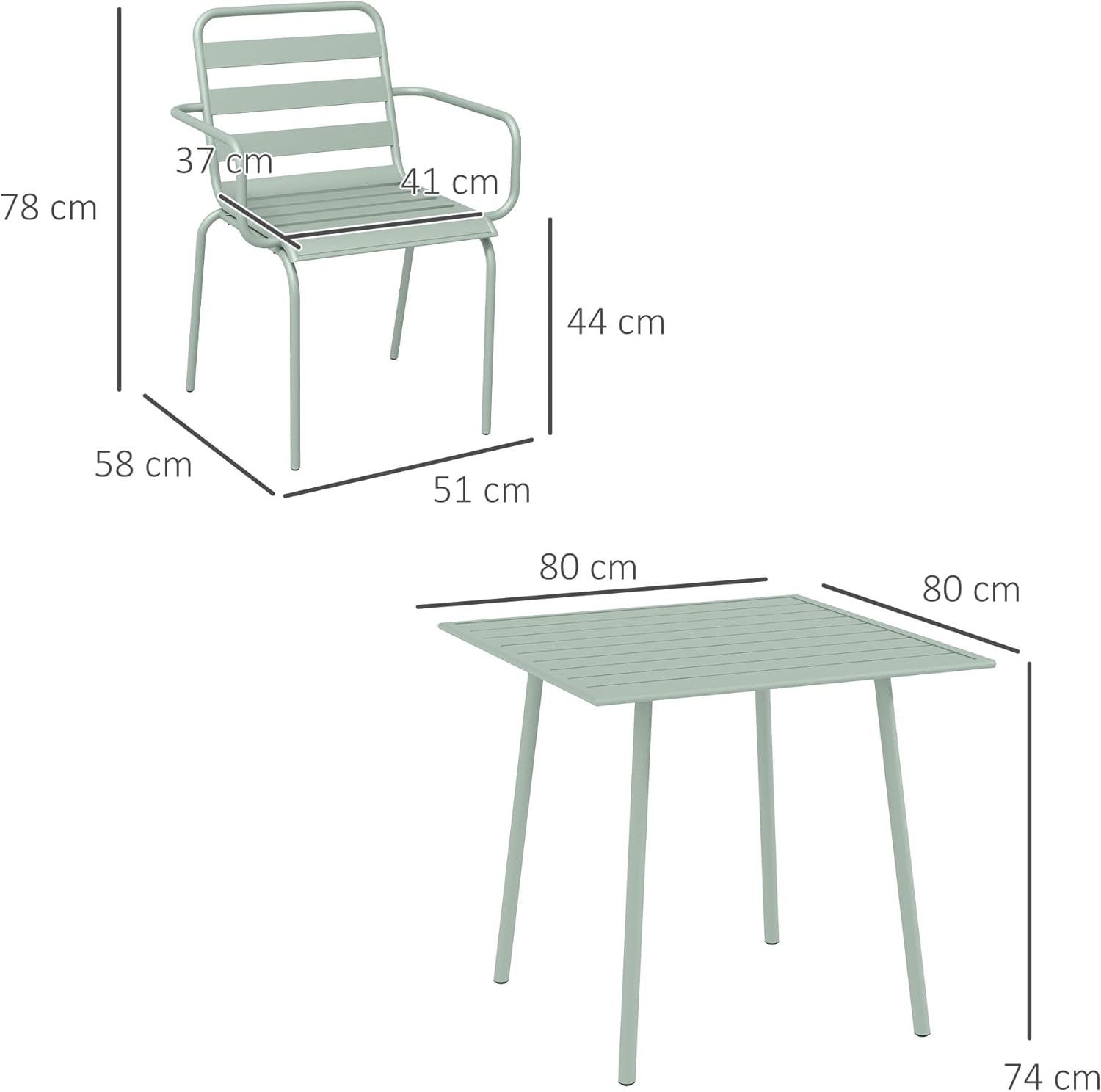 Outsunny - Salon de jardin 5 pièces - table + 4 chaises acier vert clair - chaises empilables