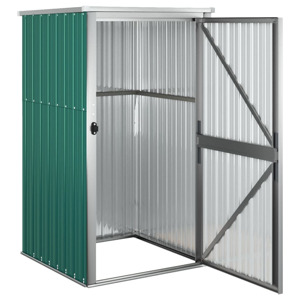 une porte en tôle ondulée verte sur fond blanc.