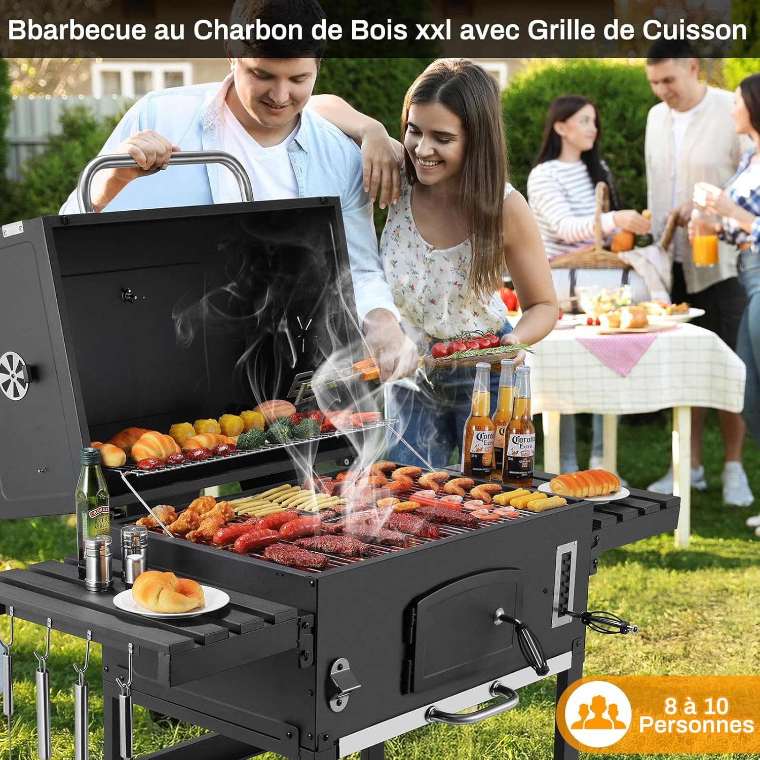 LIFERUN - Barbecue XXL, charbon, chariot, couvercle, thermomètre, fumoir, hauteur réglable