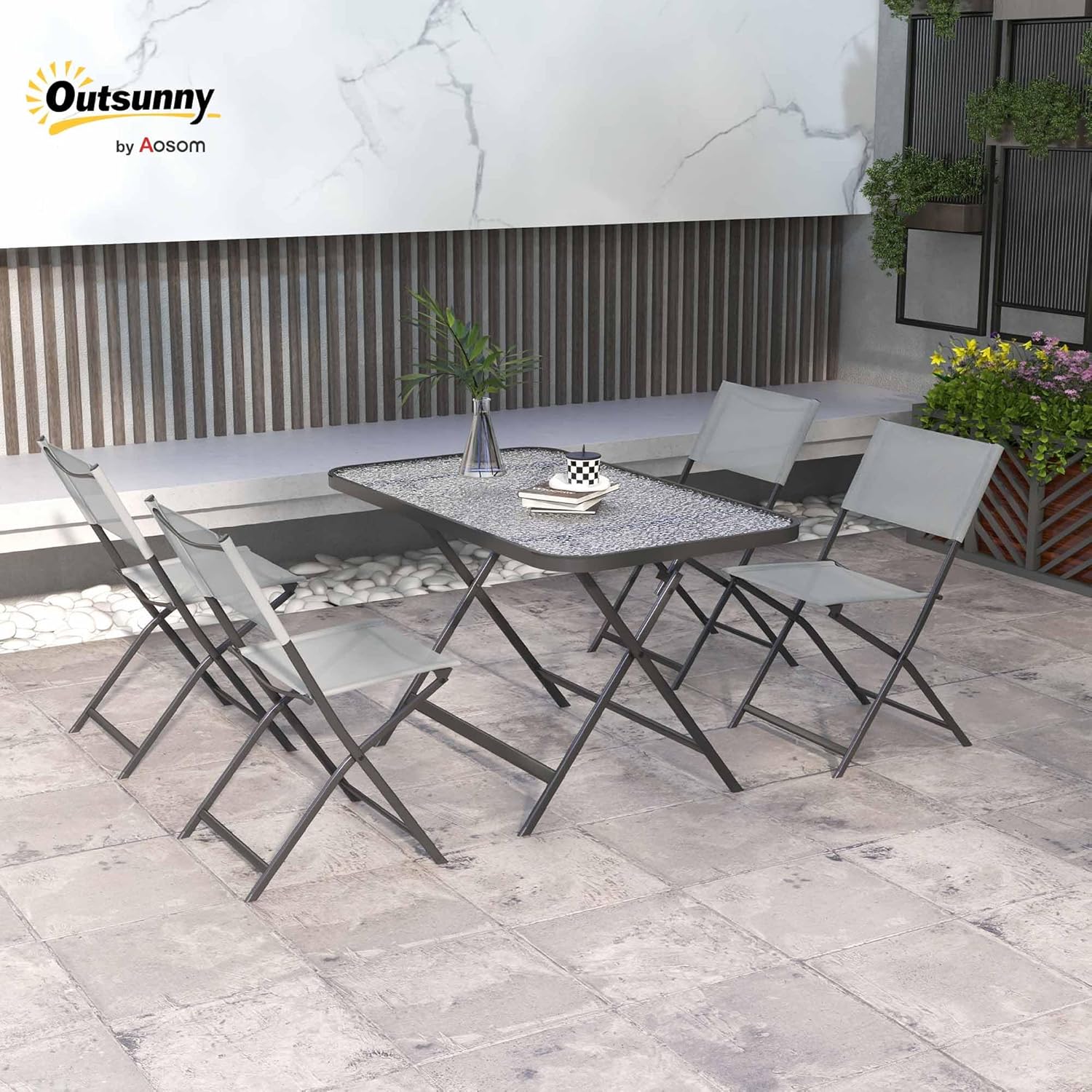 Outsunny - Ensemble de jardin 5 pcs - chaises pliables, table verre, gris