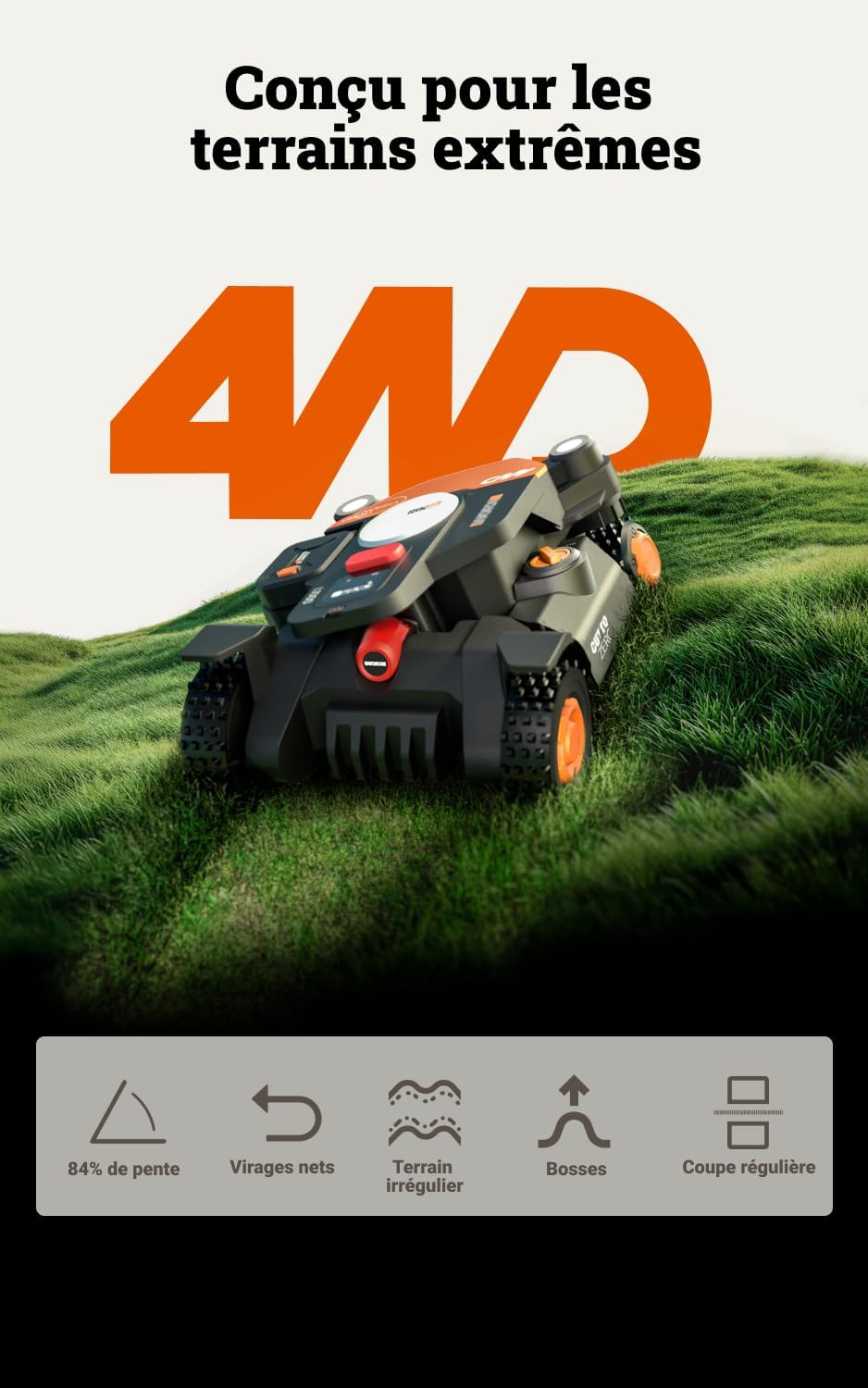WORX - Vision Cloud 4WD - robot 600m² AI, VSLAM, RTK Cloud - WR340E