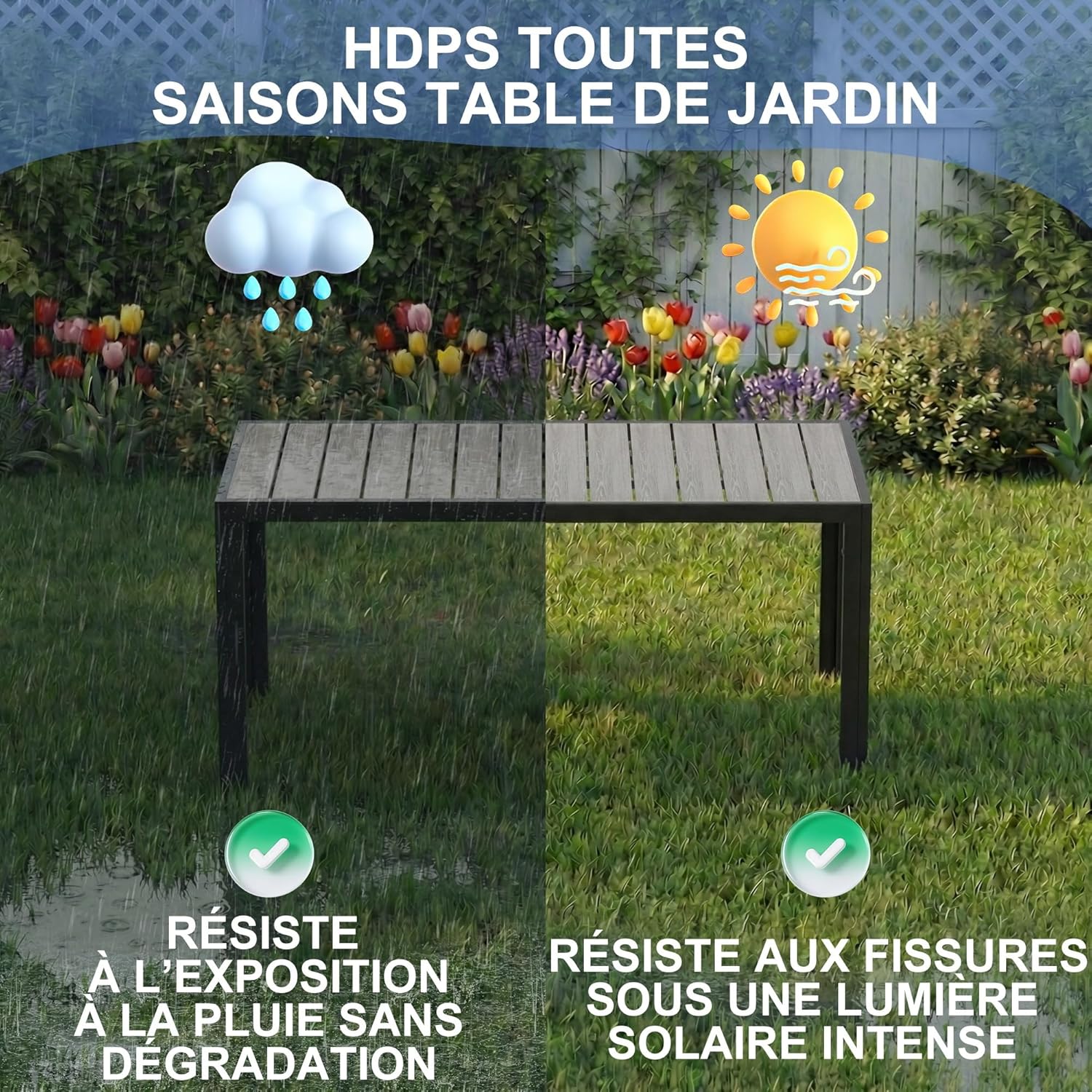 Devoko - HDPS - Table de jardin 150x80x72cm - aluminium, grain bois