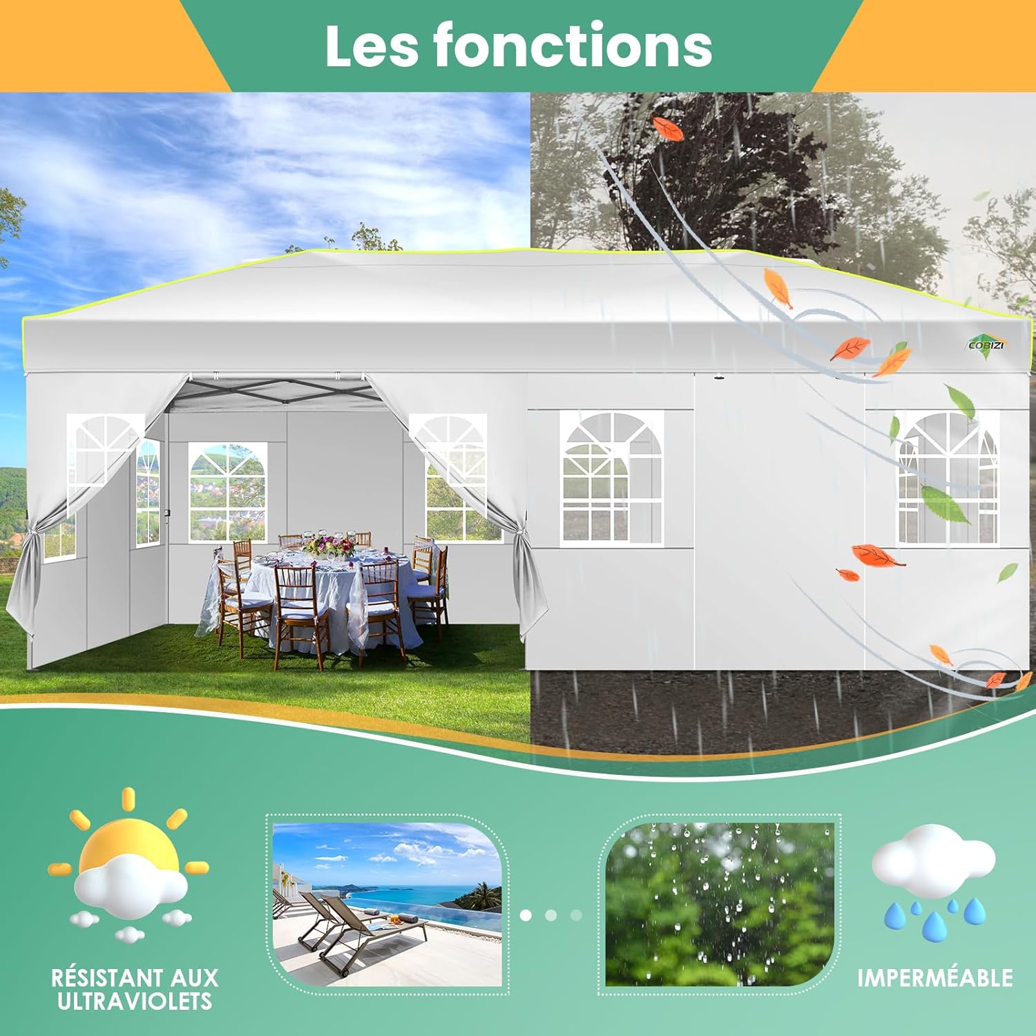 COBIZI - tonnelle pliante 3x6m - verrou central, 6 parois, UV50+