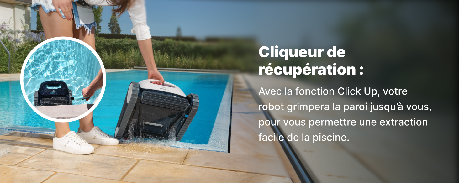 Le texte se lit comme suit : « Cliqueur de récupération : ». Démonstration du produit d'un dispositif d'auto-récupération utilisé sur ce qui semble être un tapis d'exercice extérieur.