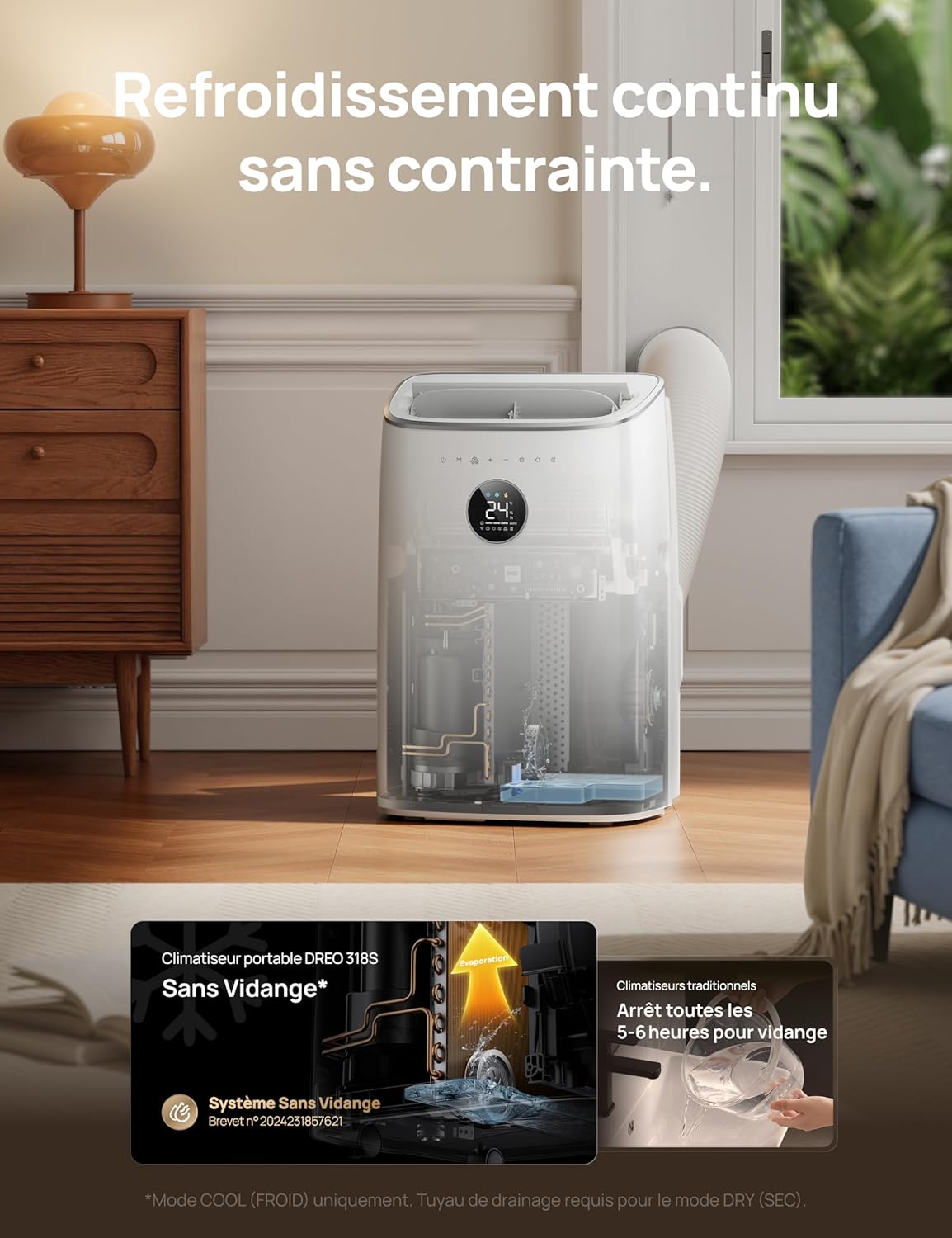 DREO - climatiseur mobile série AC318S - 7500 BTU, 3-en-1, silencieux, 2,5L/h, contrôle app/voix, kit fenêtre, AC318S