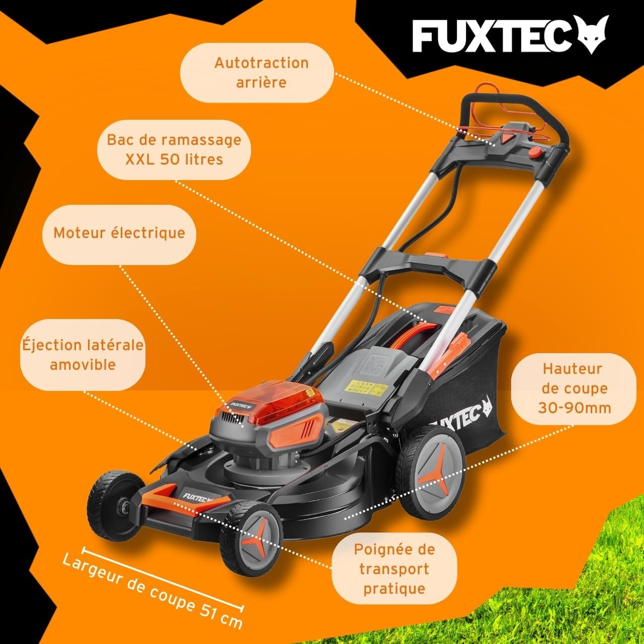 FUXTEC - tondeuse autotractée 51cm, 40V, mulching, 50L E2RM51