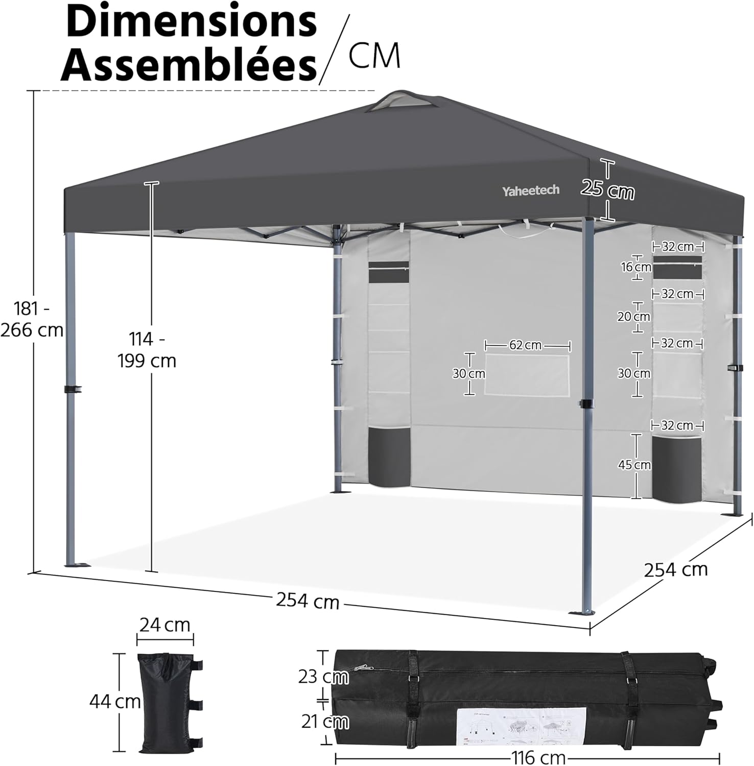 Yaheetech Tonnelle de Jardin Pop-up, Tonnelle Pliante Imperméable avec Parois Latérale, Barnum Pliant Anti-UV en Hauteur Réglable pour Jardin Terrasse Camping