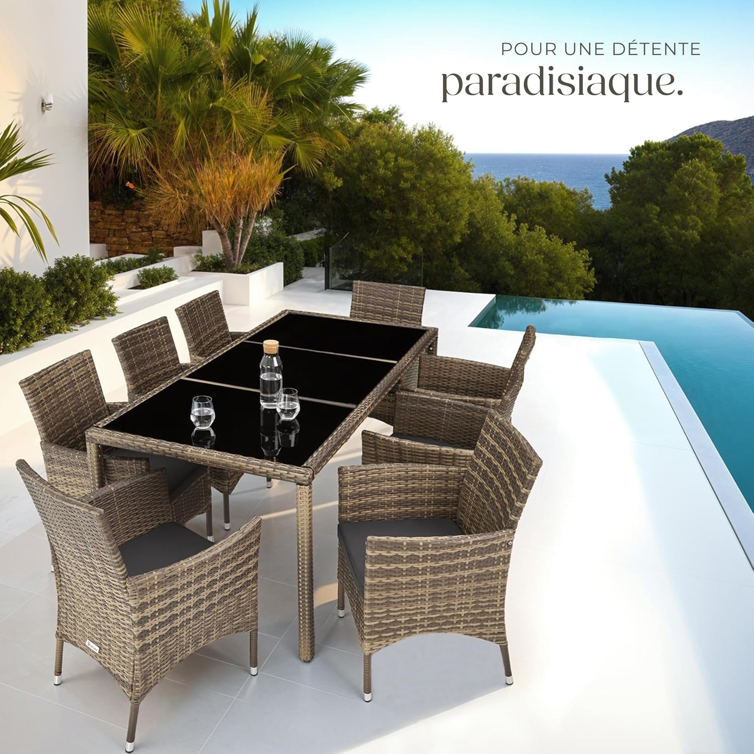 tectake - Salon de jardin rotin, 8 fauteuils, table, housse, confort, marron naturel/gris foncé