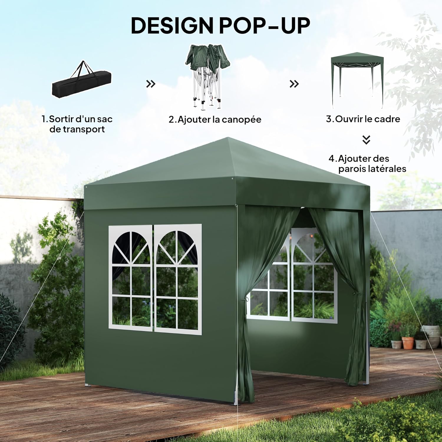 Outsunny - tonnelle pop-up réglable 2x2m, acier, UV, 4 côtés, vert