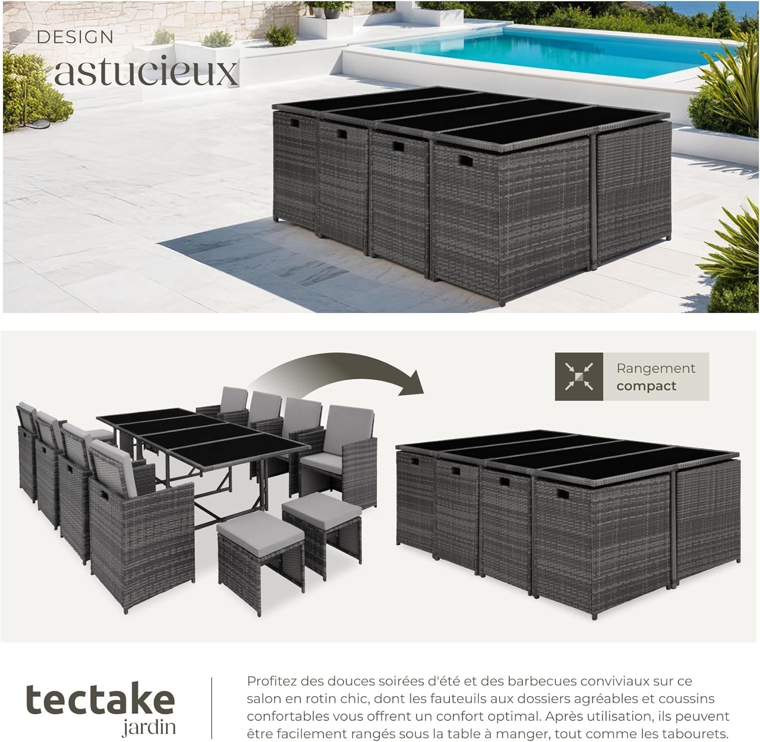 tectake - Salon Résine Tressée, 8 chaises, 4 tabourets, table, gris