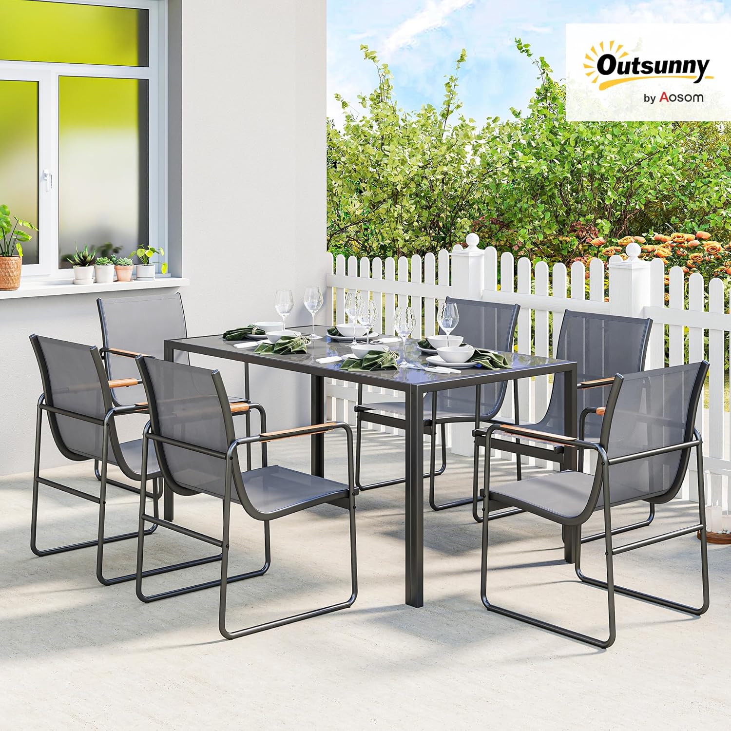 Outsunny - Ensemble salle à manger 6 places - table verre, structure acier - gris
