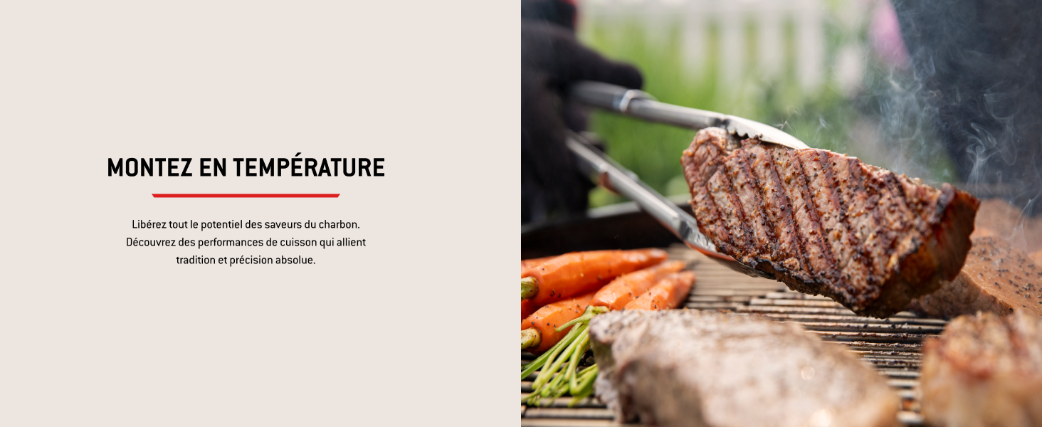 Le texte indique « MONTEZ EN TEMPÉRATURE ». Image divisée montrant de la viande grillée avec des marques de gril et un thermomètre de cuisson inséré dans le bifteck.