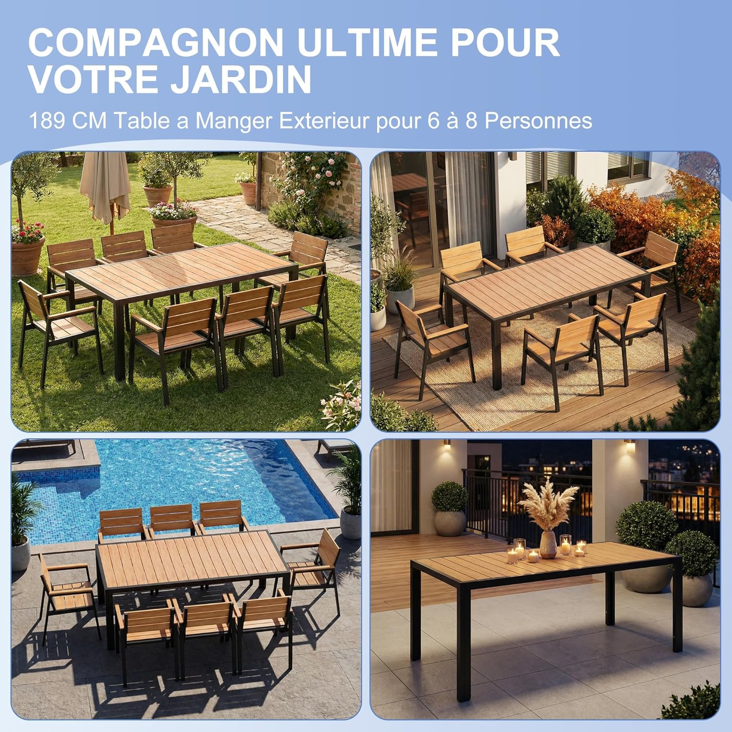 Devoko - table de jardin HDPS - 189x80x72 cm - aluminium, facile à entretenir, résistant intempéries