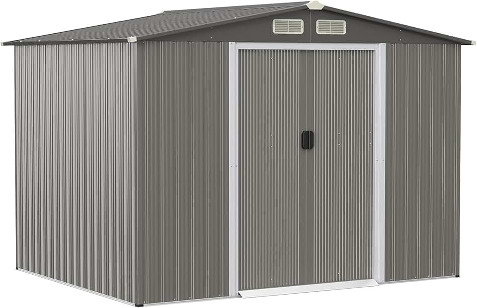 GOPLUS 4,74㎡ Abri de Jardin en Métal Galvanisé avec Base, Cabine de Jardin Extérieur Porte Coulissante, Résistant aux Intempéries, Cabane de Rangement à Outils 8,59m³, 260 x 207x181cm, Toit Gris Foncé