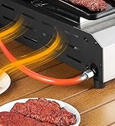 Gril ou plaque chauffante électrique en cours d'utilisation, montrant des éléments chauffants incandescents sous la surface de cuisson pendant la préparation des portions de viande